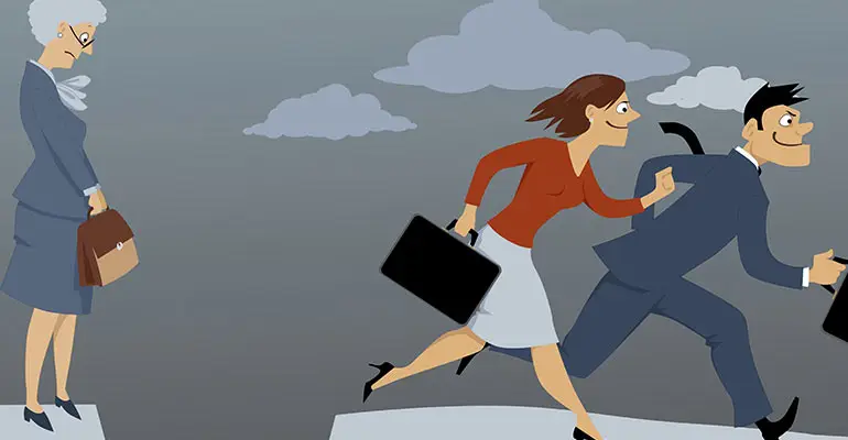 Illustration of female and male coworkers walking ahead of elderly female coworker